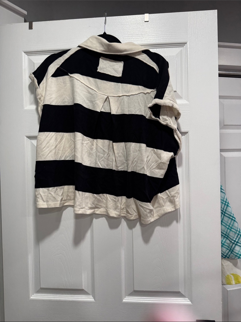 Free People Black and Cream Striped Short Sleeve Polo Tee - Picture 2 of 2